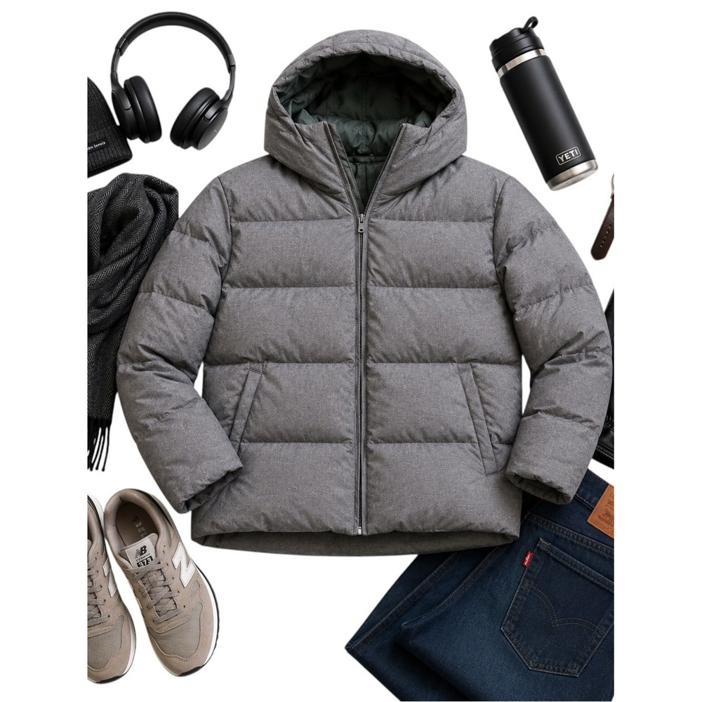 John Lewis Gray Hooded Quilted Puffer Jacket Men's XXL Full Zip Winter Coat EUC